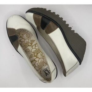 Fly London Yoko Wedge Shoes Womens Cream Leather Colorblock Platform Comfort 7.5